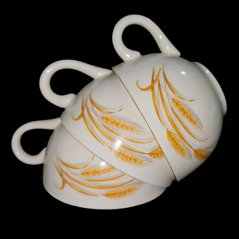 Vintage Golden Wheat Stackable Tea Cups Set of 3 Gold Rim White Ceramic